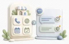 Soft-3D-Visual mit abstrakter Profilkarte, Kontaktoptionen, Chatbereich, Uhr und Schutzsymbol für Kontaktkanäle im Google Profil