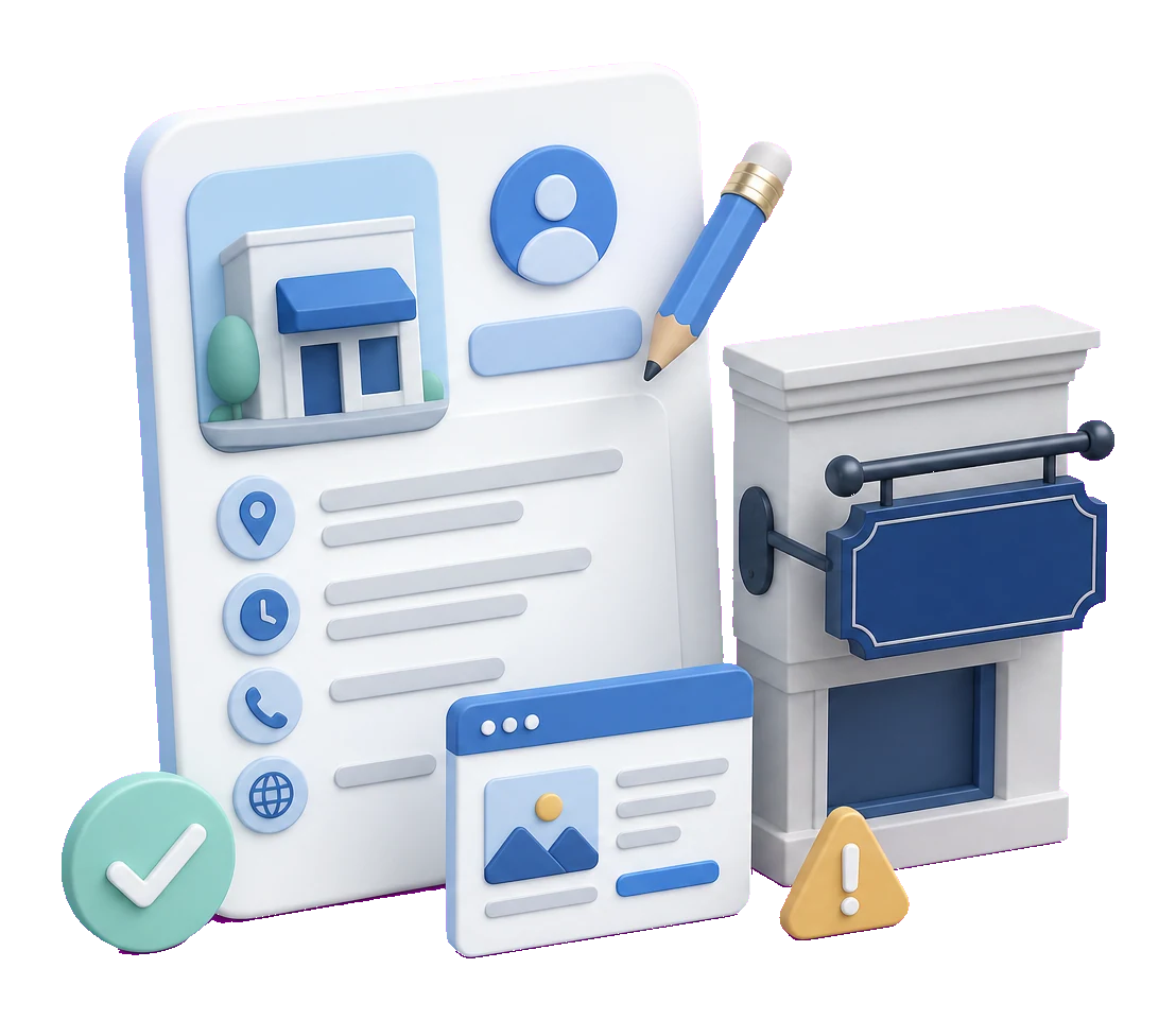 Soft-3D-Illustration mit Profilkarte, Namensschild, Bearbeitungsstift und Checkmark zur Prüfung des Unternehmensnamens im Google Profil