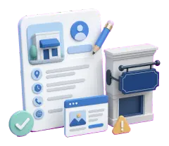 Soft-3D-Illustration mit Profilkarte, Namensschild, Bearbeitungsstift und Checkmark zur Prüfung des Unternehmensnamens im Google Profil