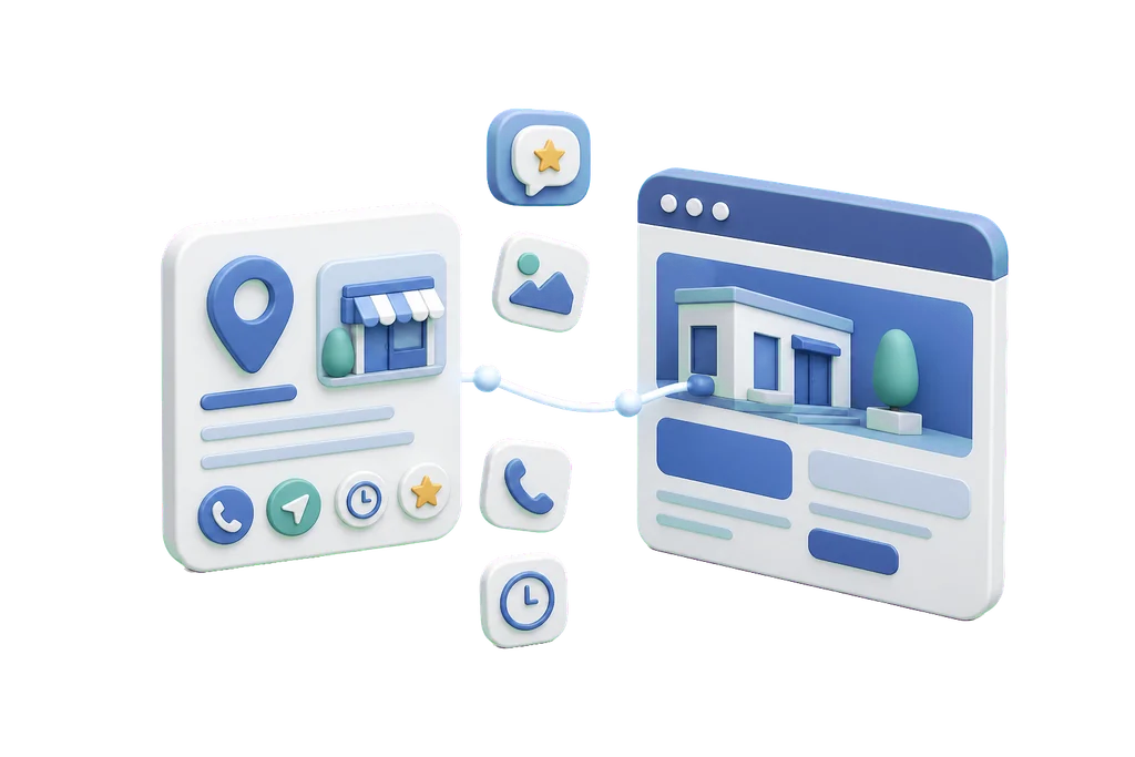 Soft-3D-Illustration mit Google-Profil-Karte und Website-Karte als Vergleich für lokale Unternehmen