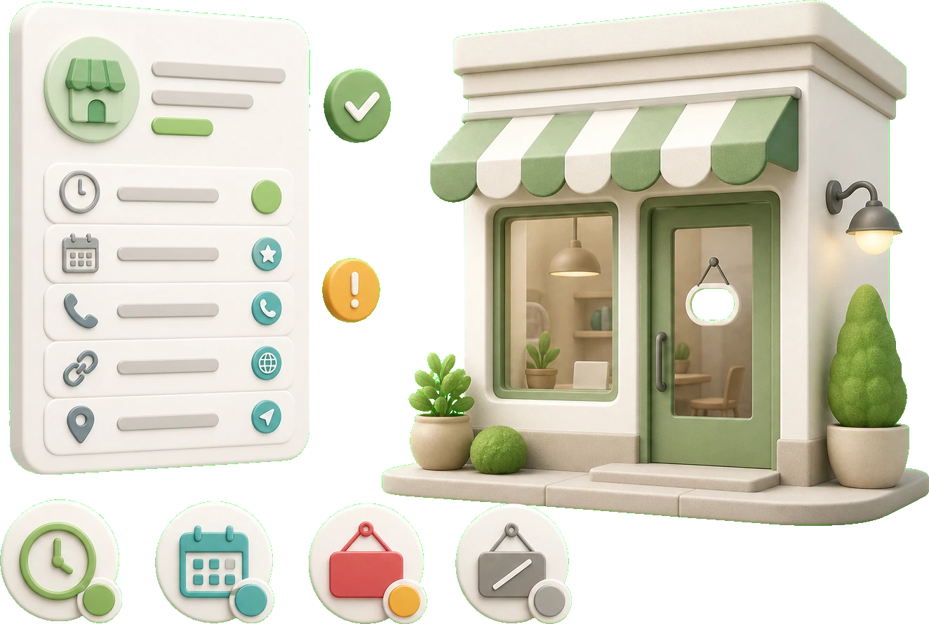 Soft-3D-Visual mit abstrakter Profilkarte, Kalender, Uhr, Statusmarkern und lokalem Eingang zur Einordnung von Öffnungszeiten, Sonderzeiten und geschlossenem Google Profil