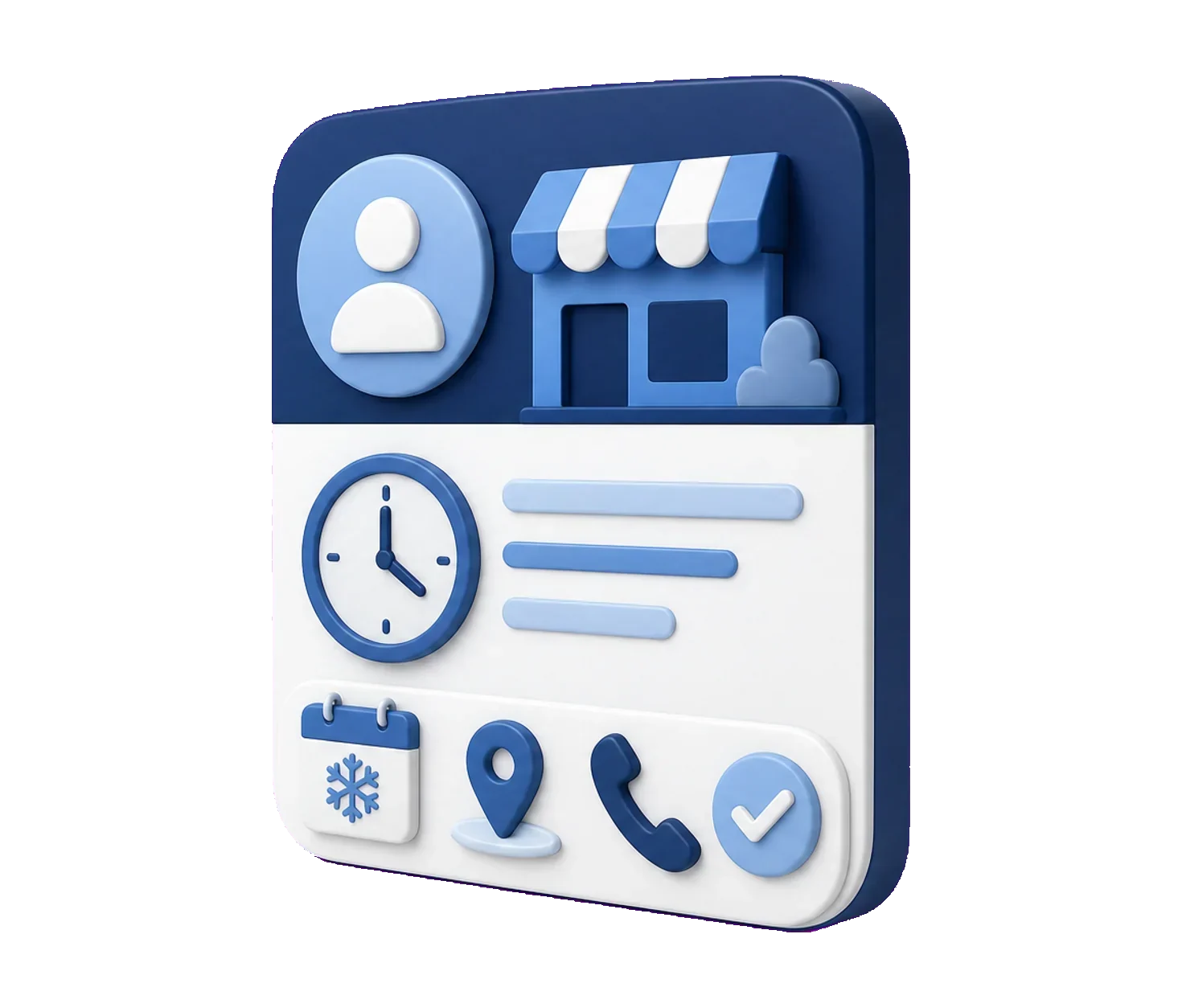 Soft-3D-Illustration mit Profilkarte, Uhr, Kalender und Telefonhörer zur Pflege von Öffnungszeiten im Google Profil