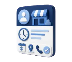 Soft-3D-Illustration mit Profilkarte, Uhr, Kalender und Telefonhörer zur Pflege von Öffnungszeiten im Google Profil