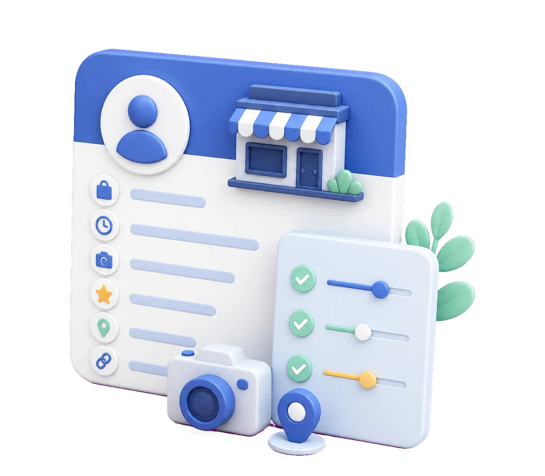 Soft-3D-Illustration mit Profilkarte, Checkliste und Symbolen zur Pflege eines Google Profils