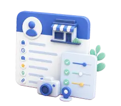 Soft-3D-Illustration mit Profilkarte, Checkliste und Symbolen zur Pflege eines Google Profils