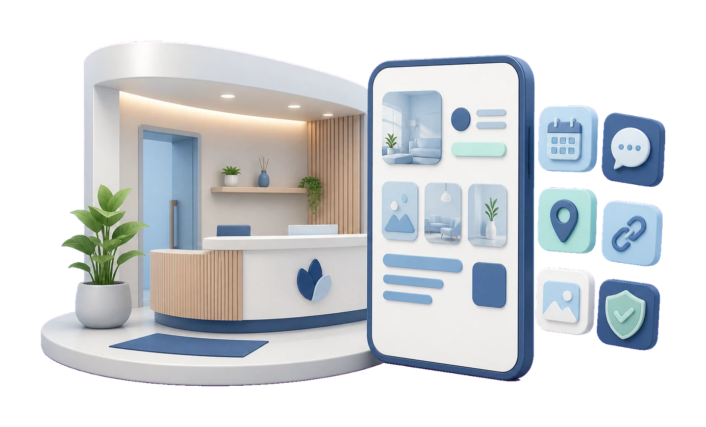 Soft-3D-Visual mit moderner Praxisrezeption, abstrakter Profilkarte und Symbolen für Termin, Bewertungen, Route, Website-Link, Fotos und Freigabe