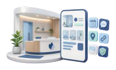 Soft-3D-Visual mit moderner Praxisrezeption, abstrakter Profilkarte und Symbolen für Termin, Bewertungen, Route, Website-Link, Fotos und Freigabe