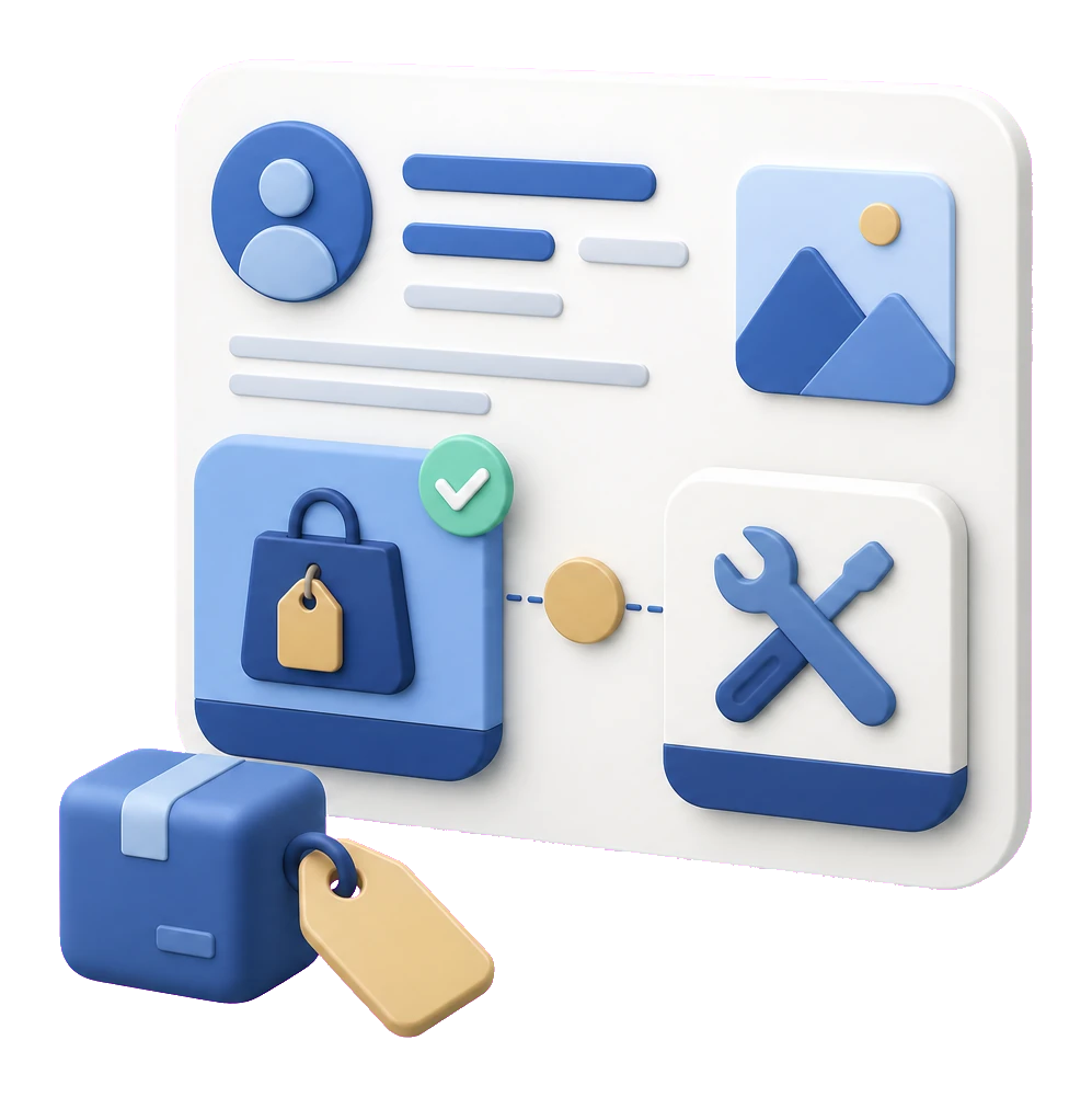 Soft-3D-Illustration mit Profilkarte, Produktkachel, Leistungskachel und Paket-Symbol zur Einordnung von Produkten im Google Profil
