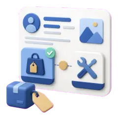 Soft-3D-Illustration mit Profilkarte, Produktkachel, Leistungskachel und Paket-Symbol zur Einordnung von Produkten im Google Profil