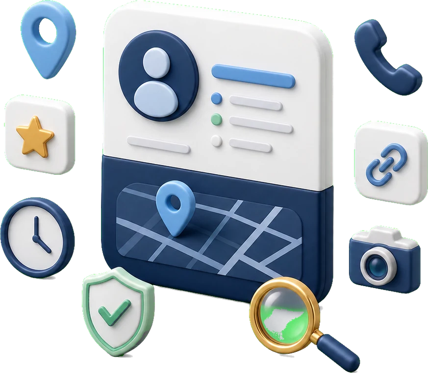 Soft-3D-Illustration mit Profilkarte, Lupe, Standort-Pin, Bewertungssymbol, Uhr, Telefon, Website-Link, Kamera und Schutzschild zur Prüfung eines Google Profils