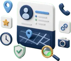 Soft-3D-Illustration mit Profilkarte, Lupe, Standort-Pin, Bewertungssymbol, Uhr, Telefon, Website-Link, Kamera und Schutzschild zur Prüfung eines Google Profils