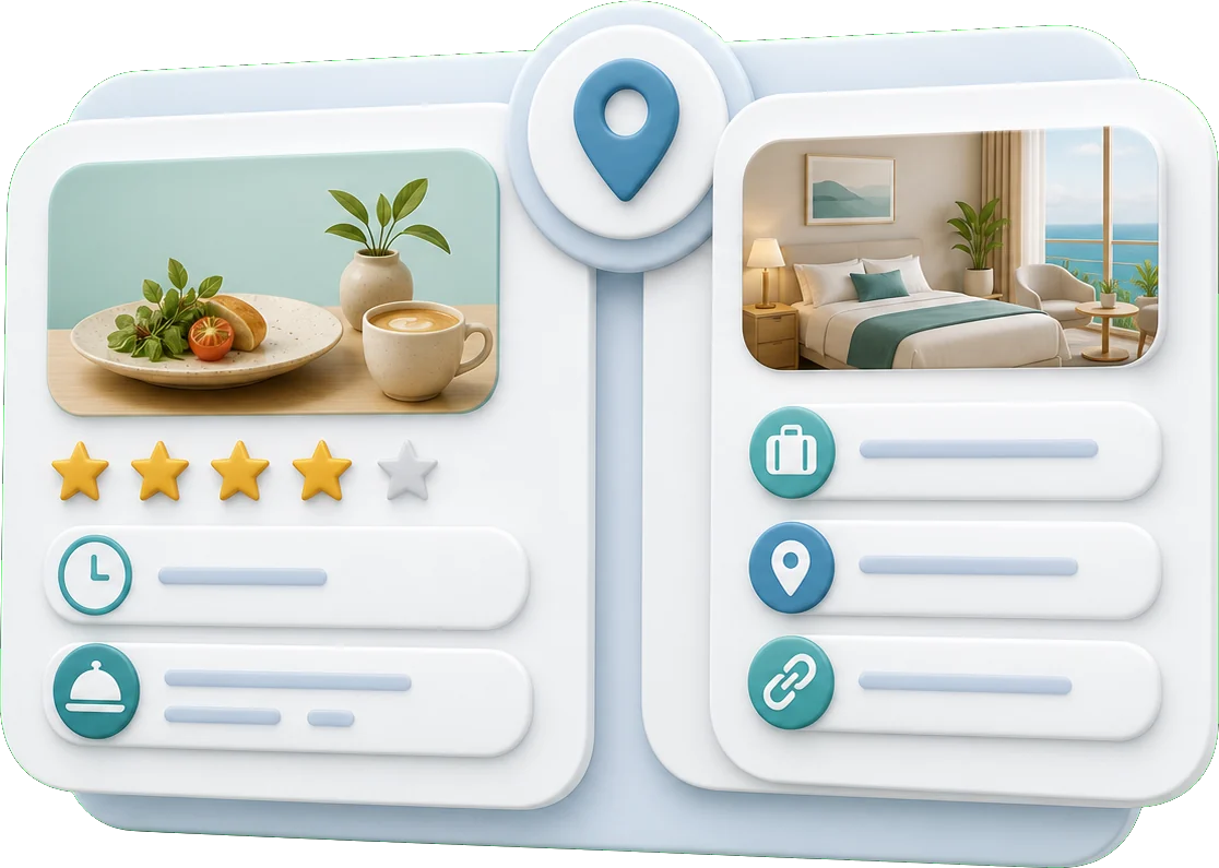 Soft-3D-Visual mit abstrakten Profilkarten für Restaurant, Café und Hotel, Fotokacheln, Bewertungssymbolen, Öffnungszeiten, Reservierung, Buchung, Route und Website-Link