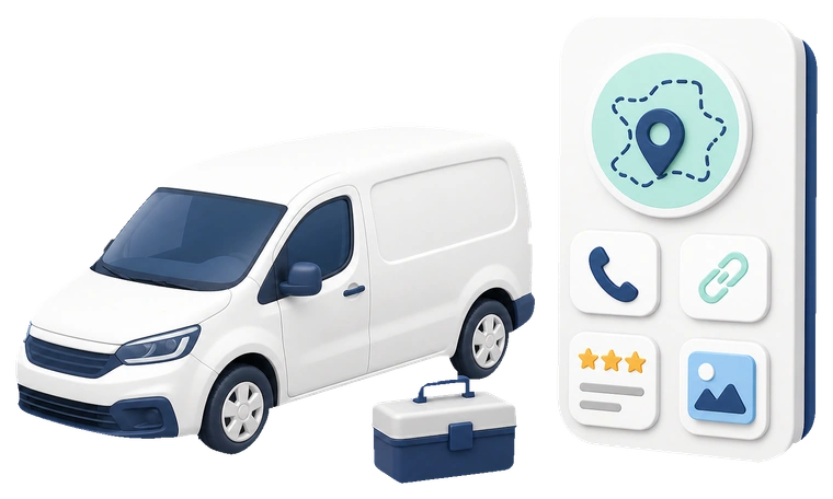 Soft-3D-Visual mit Servicefahrzeug, Werkzeugen und abstrakter Profilkarte für Servicegebiet, Anruf, Website-Link, Bewertungen und Fotos