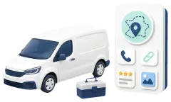 Soft-3D-Visual mit Servicefahrzeug, Werkzeugen und abstrakter Profilkarte für Servicegebiet, Anruf, Website-Link, Bewertungen und Fotos
