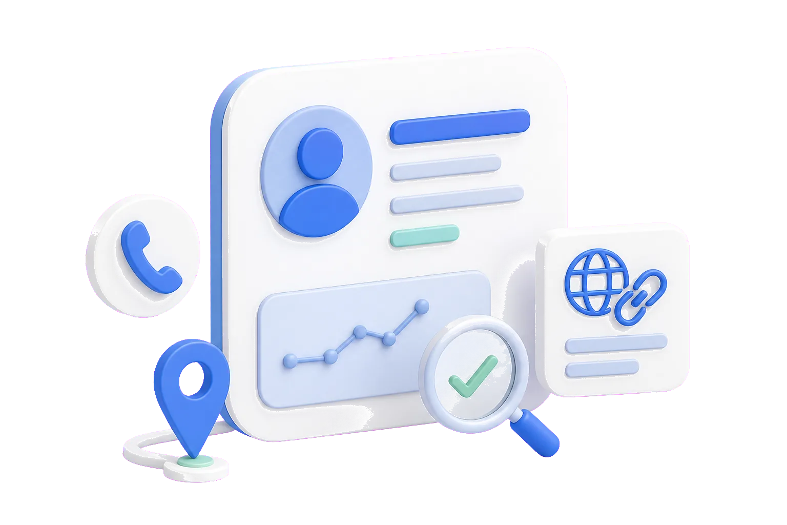 Soft-3D-Illustration mit Profilkarte, Anrufsymbol, Routen-Pin, Website-Link, Verlaufslinie und Lupe zum Verstehen von Google Profil Statistiken
