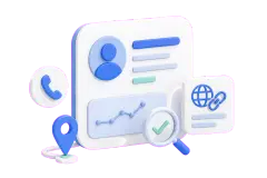 Soft-3D-Illustration mit Profilkarte, Anrufsymbol, Routen-Pin, Website-Link, Verlaufslinie und Lupe zum Verstehen von Google Profil Statistiken