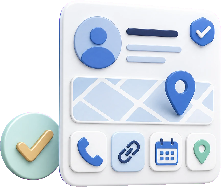 Soft-3D-Illustration mit Profilkarte, Telefonhörer, Website-Link-Kachel, Kalender und Standort-Pin zur Pflege von Kontaktpunkten im Google Profil