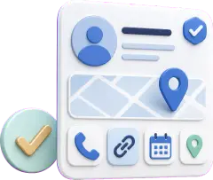 Soft-3D-Illustration mit Profilkarte, Telefonhörer, Website-Link-Kachel, Kalender und Standort-Pin zur Pflege von Kontaktpunkten im Google Profil