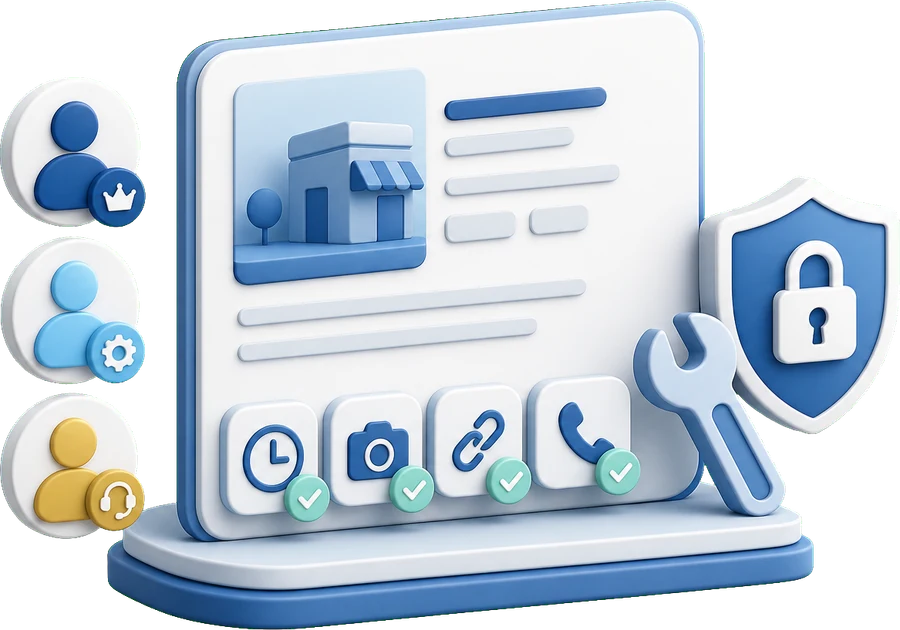 Soft-3D-Illustration mit Profilkarte, Rollen-Symbolen, Werkzeug, Schloss und Checkmarks zur Verwaltung eines Google Profils