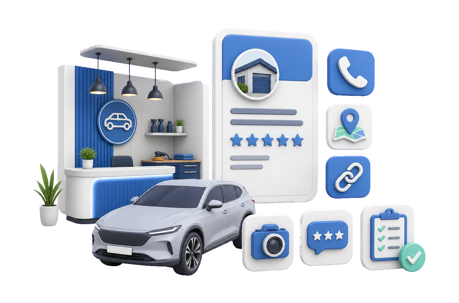 Soft-3D-Visual mit Werkstattannahme, Fahrzeug ohne Kennzeichen, Profilkarte und Symbolen für Anruf, Route, Website, Fotos, Bewertungen und Leistungen