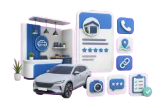 Soft-3D-Visual mit Werkstattannahme, Fahrzeug ohne Kennzeichen, Profilkarte und Symbolen für Anruf, Route, Website, Fotos, Bewertungen und Leistungen
