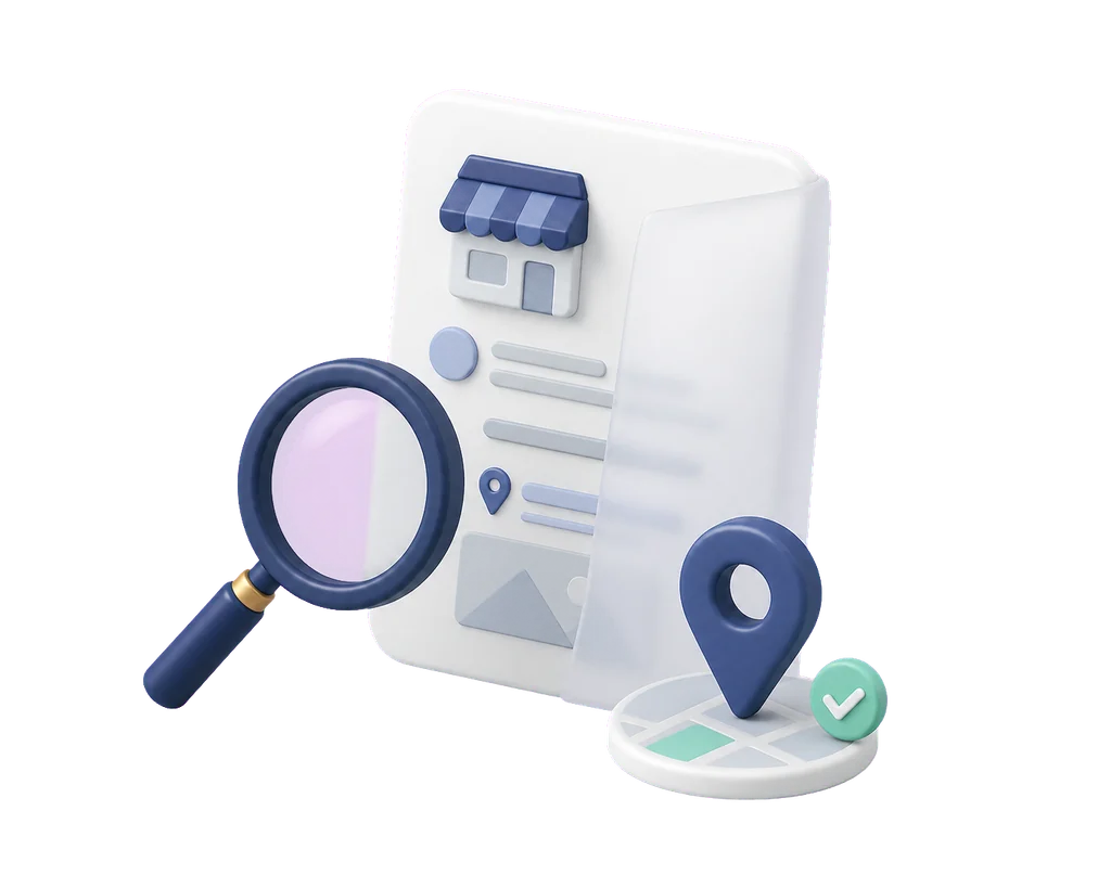 Soft-3D-Illustration mit Profilkarte, Lupe und Karten-Pin zur Prüfung eines nicht sichtbaren Google Profils