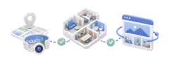 Soft-3D-Visual mit drei Rundgangsoptionen für Google Street View, 3D-Digital-Twin und Website-Tour mit Standort-Pin, Raumblock und Browser-Kachel