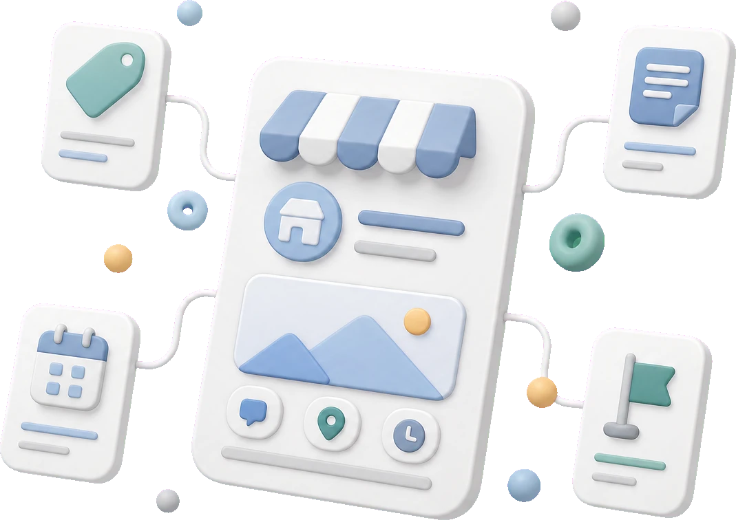 Soft-3D-Visual mit abstrakter Profilkarte, Update-Karten und Symbolen für Angebot, Event, Neuigkeit und Projekt