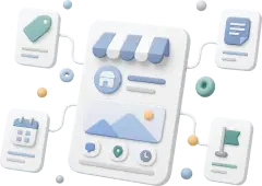Soft-3D-Visual mit abstrakter Profilkarte, Update-Karten und Symbolen für Angebot, Event, Neuigkeit und Projekt