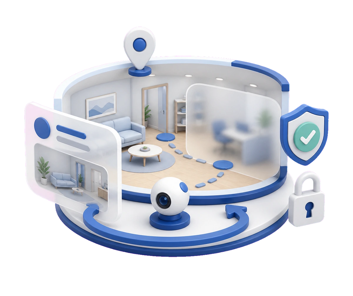 Soft-3D-Illustration mit 360°-Raum, Standort-Pin, Profilkarte, Schutzschild und Schloss als Hinweis auf Freigabe vor Veröffentlichung