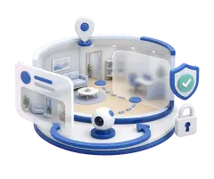Soft-3D-Illustration mit 360°-Raum, Standort-Pin, Profilkarte, Schutzschild und Schloss als Hinweis auf Freigabe vor Veröffentlichung