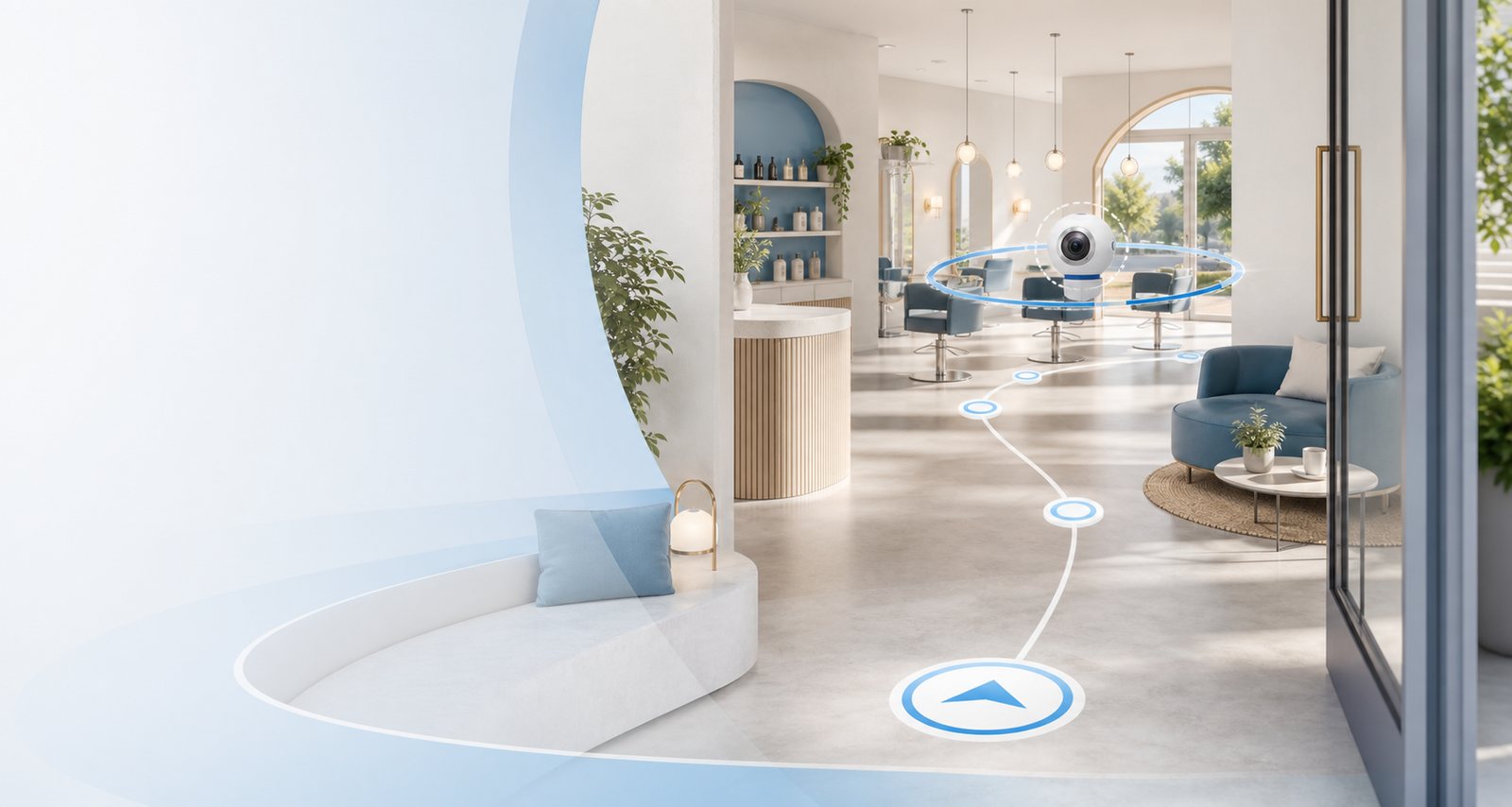 Visualisierung eines 360 Grad Rundgangs durch einen hellen Standort mit Orientierungspfad.