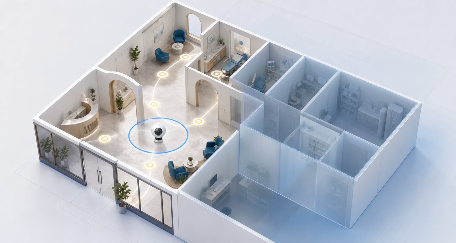 Visualisierung ausgewählter öffentlicher Bereiche und geschützter interner Räume für einen 360 Grad Rundgang.