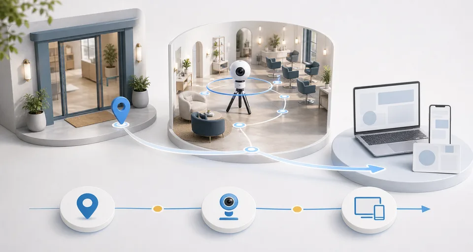 Visualisierung des Ablaufs von Eingang über Aufnahme bis zur Nutzung eines 360 Grad Rundgangs.