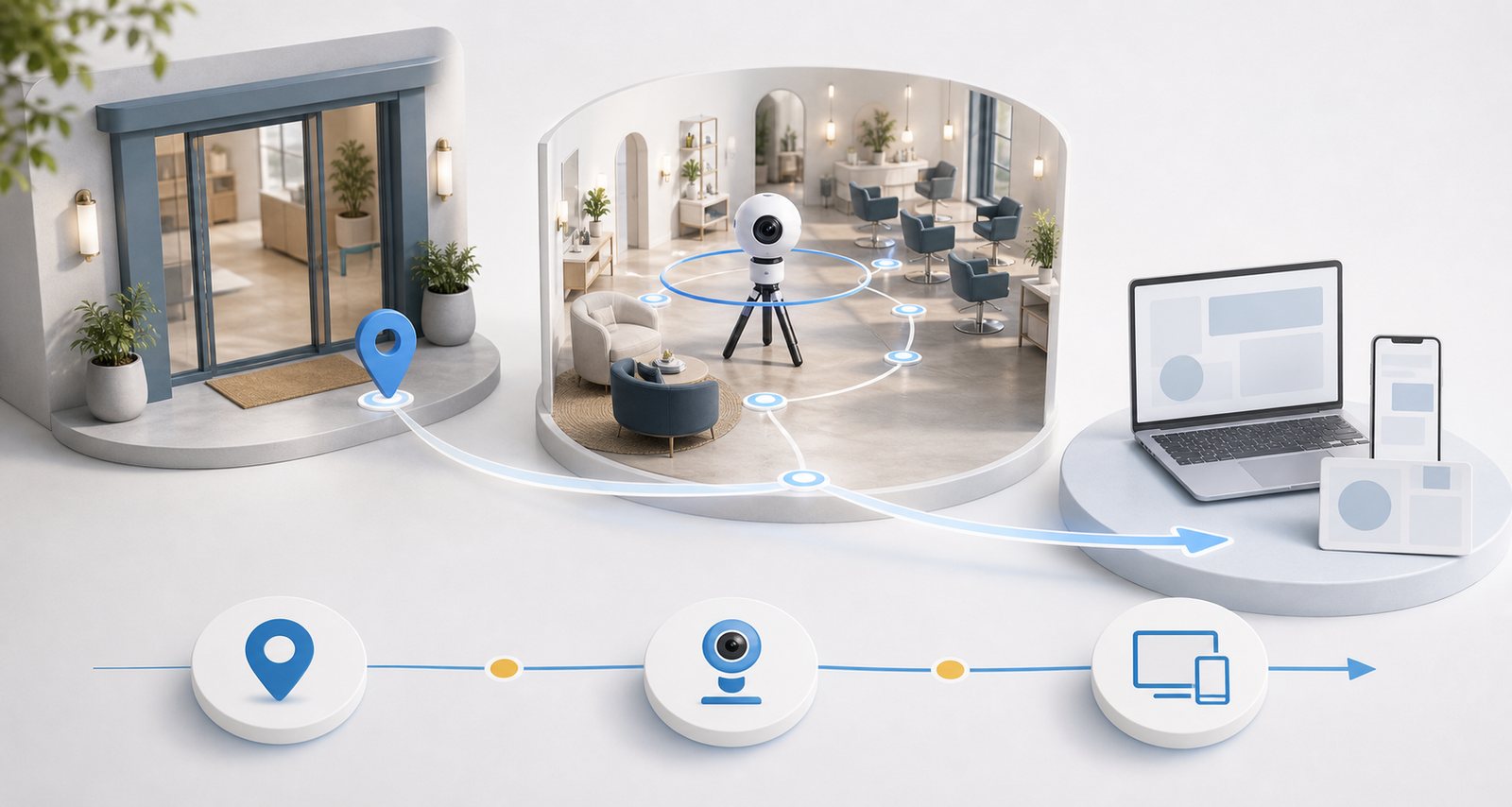 Visualisierung des Ablaufs von Eingang über Aufnahme bis zur Nutzung eines 360 Grad Rundgangs.