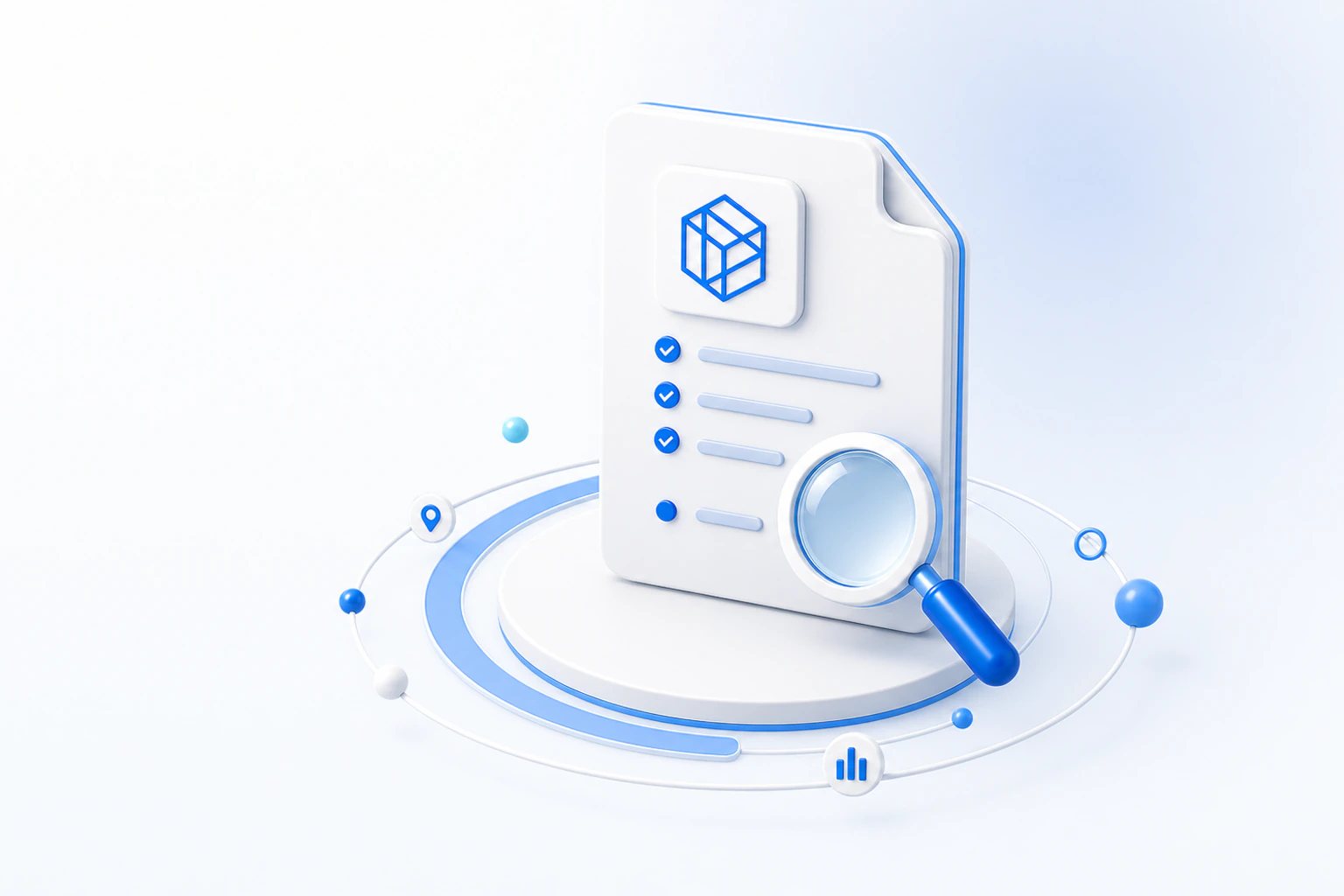 Soft-3D-Illustration eines Wissensdokuments mit Lupe als Symbol fuer TrustFokus Guides.